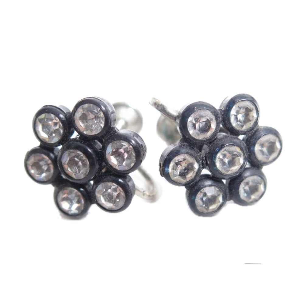 Vintage Art Deco Black Flowers Clear Bezel Set Rhinestone Screw-Back Earrings
